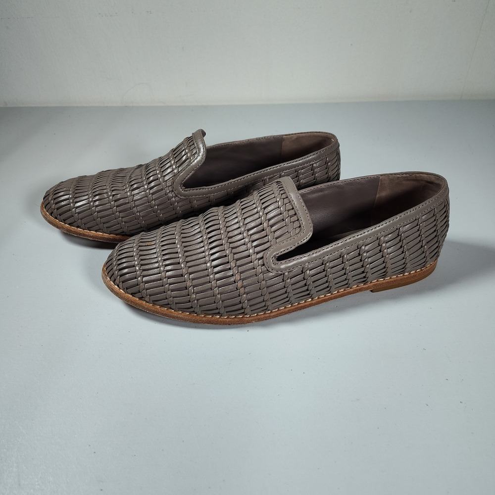 Vince Jonah Woven Leather Loafers Taupe Grey Smoking Slipper Flats Womens 7.5 M